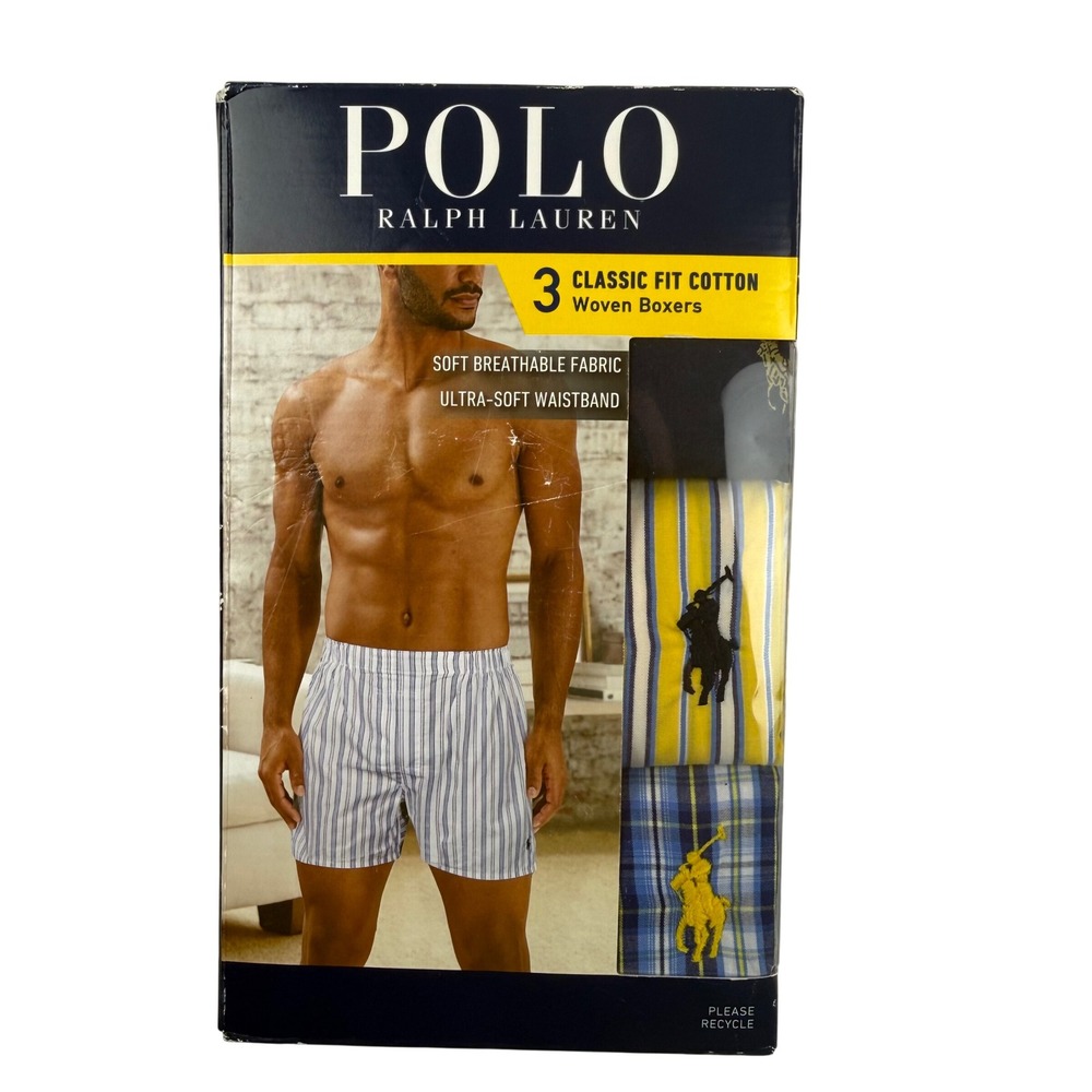 Polo Ralph Lauren Mens 3 Pack Classic Fit Cotton Woven Boxers Medium Navy Yellow